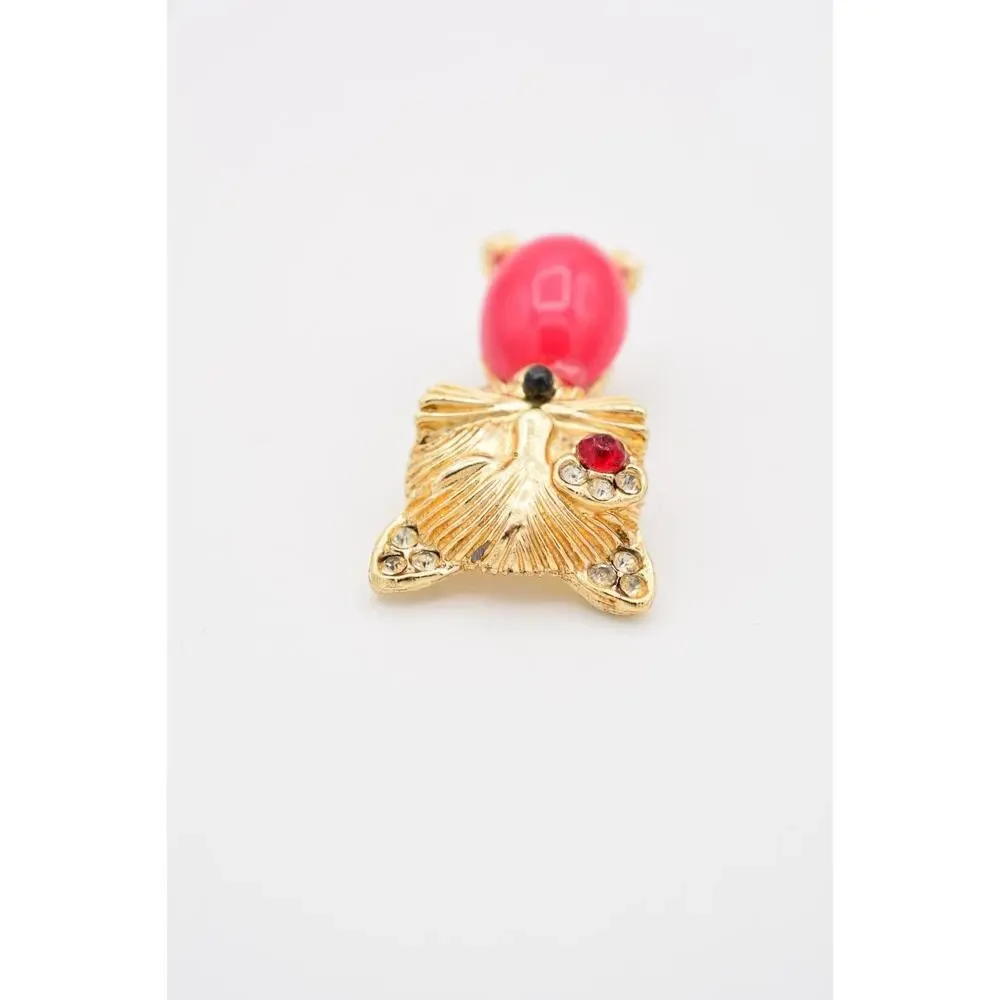 Vintage Winking Cat Pin Brooch Kissy Face Cabochon Crystal Gold 1980s BinATa